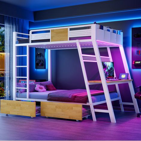Letto a castello 90 x 200 cm con scrivania gaming integrata, LED, bianco OKMYHOME (1/5)