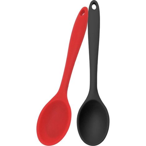 Lot de 2 cuillères : cuillère de cuisine en silicone, cuillère à mélanger, revêtement antiadhésif, résistante à la chaleur, cuillère à sauce, ustensile de cuisine, compatible lave-vaisselle, noir et r (1/5)