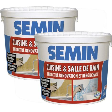 Lot de 2 enduits de rebouchage et rénovation spécial cuisine et salle de bain Semin - adapté aux pièces humides - seau de 1 kg (1/5)