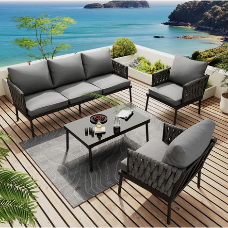 Vierteiliges Garten-Loungeset aus verzinktem Stahl und Polyester in Grau, mit 3-Sitzer-Sofa, 2 Sesseln und Glastisch (1/5)