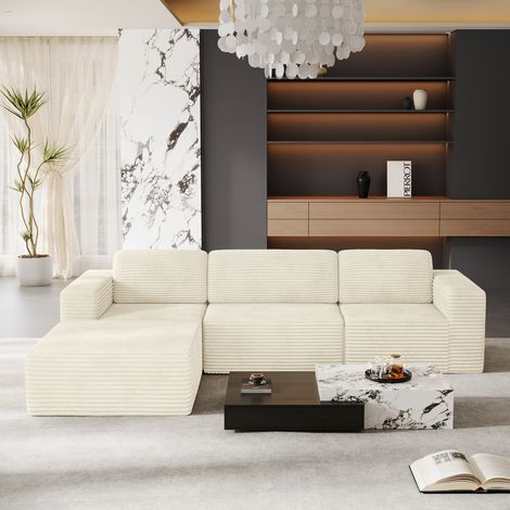 Canapé d'angle Modulaire 3 Places Velours Côtelé,Canapé Compressé avec 3 coussins,1 Pouf,Sans Assemblage,303x202x82cm,Beige