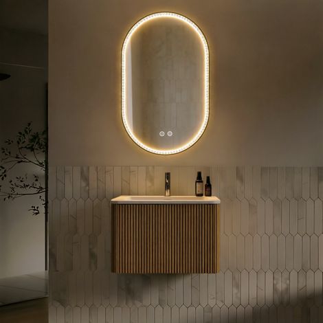Meuble vasque 60cm avec miroir ovale à strass, pré-monté, meuble rayé avec tiroir, rangement pratique, chêne, salle bain design élégant et raffiné (1/5)
