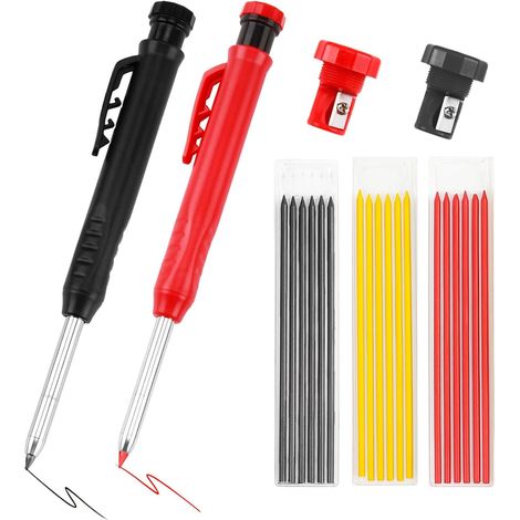 Paquete de 2 lápices de carpintero con 18 recambios, juego de lápices mecánicos de carpintero con sacapuntas incorporado, punta larga y marcador de agujero profundo para hormigón, metal y carpintería.