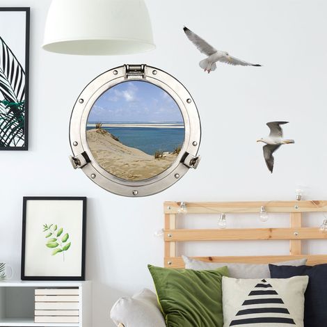 Sticker décoratif, photo d'un hublot trompe l'oeil vu sur les dunes en bord de mer, 68 cm X 48 cm (1/3)