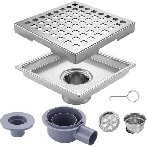 Bonde de Douche carrée,15x15cm Siphon Douche Salle de Bain en Acier Inoxydable 304,caniveau de Douche avec Grille carrée Amovible,Filtre à Cheveux 2 en 1,Convient aux salles de Bain,Cuisines,balcons (1/5)