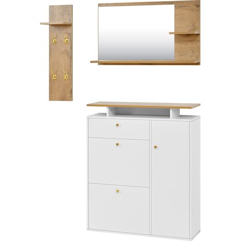 Ensemble porte-manteaux 3 pièces avec miroir, étagère à chapeaux et meuble à chaussures LED, 105 x 25 x 151,5 cm, blanc et bois naturel (1/5)