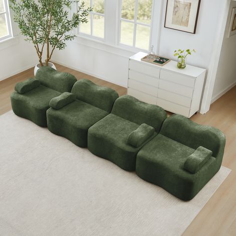 Canapé d'angle modulaire 4 places, sans armature, design vague, mousse résiliente 32D, siège spacieux, accoudoirs détachables, parfait pour séjour, couleur verte (1/5)