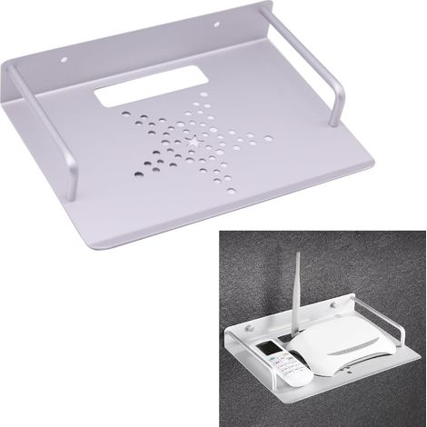 Etagère murale pour projecteur compacte en aluminium argenté 23x16,5cm, surface d'aération perforée avec bords antichute, modèle perceuse pour mini projecteurs et appareils multimédia (1/5)