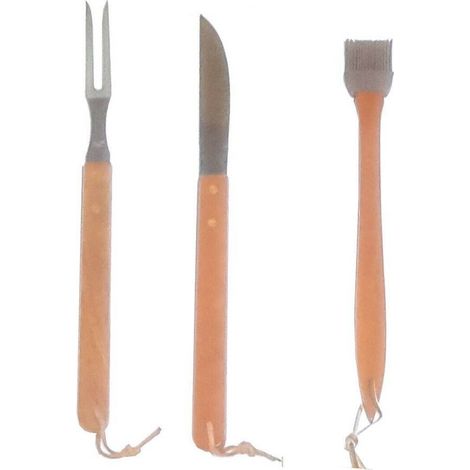 TrAdE Shop Traesio - Set 3 Utensili Per Barbecue Forchettone Pennellino E Coltello Lama Bbq Attrezzi -