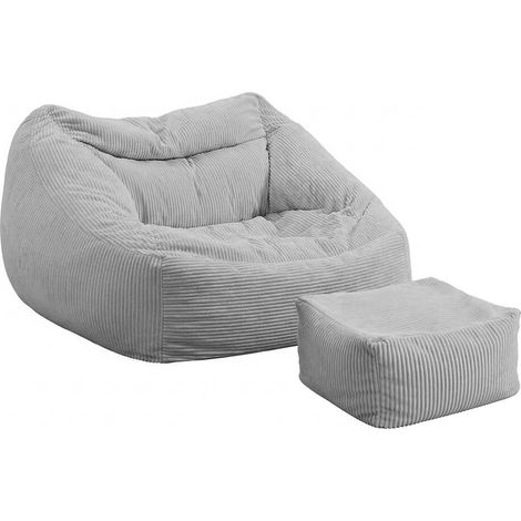 HOME DELUXE - Sitzsack COZY mit Hocker - Stoff: Samt Cord, Farbe: Hellgrau - Maße: 100 x 88 x 80 cm, inkl. Füllung I Sitzmöbel Bean Bag Sitzsäcke  Sitzsack Bean Bag Sitzkissen