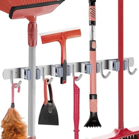 Wandmontierter Besenhalter aus Edelstahl mit 4 Schlitzen und 5 Haken für Küche und Bad – 43 cm (1/4)