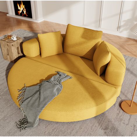 Klappsofa mit Schlaffunktion 173x176 cm gelb aus Schaumstoff mit Cordbezug, 3 Kissen und 2-in-1-Funktion (1/5)