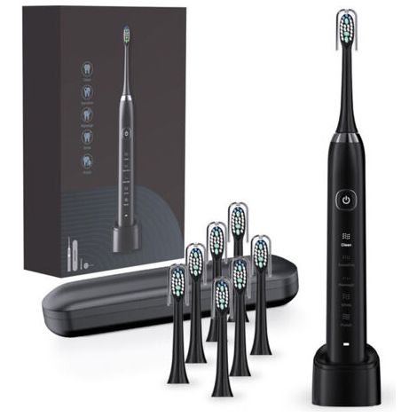 Brosse à dents électrique Sonic avec 8 têtes, 42 000 VPM et 5 modes, avec une charge rapide en 4 heures et une autonomie de 30 jours, pour adultes (Noir avec étui de voyage)