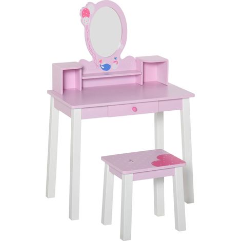 Coiffeuse pour enfants avec tabouret et miroir style princesse, jouet de maquillage en bois rose pour filles de 3 ans et plus, 60 x 34 x 93 cm (1/5)