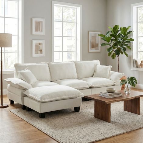 Canapé d'angle modulaire / Canapé en forme de L (design inspiré des voiliers), incluant un pouf mobile et deux coussins décoratifs moelleux revêtement en tissu chenille confortable, idéal pour les sa (1/5)