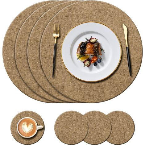 Lot de 4 sets de table ronds, 4 dessous de verre, cuir synthétique, résistant chaleur, antidérapant, intérieur extérieur (1/5)