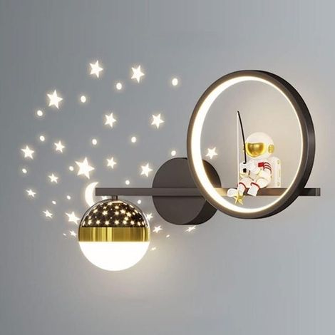 Modern astronaut LED wall light, moon and stars projection, for children's bedroom, nursery, playroom (black) (1/5)