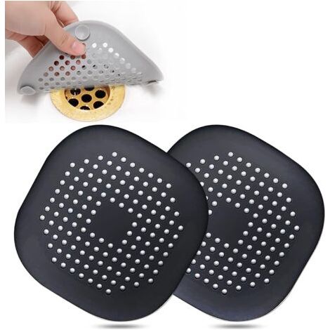 Attrape-drain de cheveux, couvercle de vidange carré pour douche Bouchon de cheveux en silicone avec ventouse, costume facile à installer pour salle de bain, baignoire, cuisine Lot de 2 (noir) (1/5)