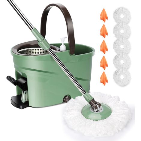 1 Kit Balai Serpillère Essoreur, Poignée Inox Réglable, Rotation 360°, 5 Têtes Microfibre, Pour Sol Cuisine