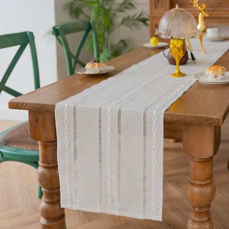 Camino de mesa rústico de algodón y lino, decoración hueca bordada de temporada para mesa de comedor o cocina, color gris azulado, 35 x 180 cm (1/5)