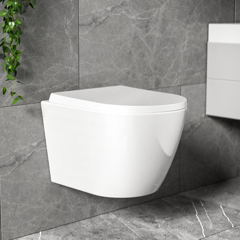 WC Suspendu Rimless 49,5 cm, Blanc Brillant, Cuvette Céramique avec Abattant Recouvrant Soft-Close, Chasse d'Eau Économe, Fixations Invisibles - AquaWise