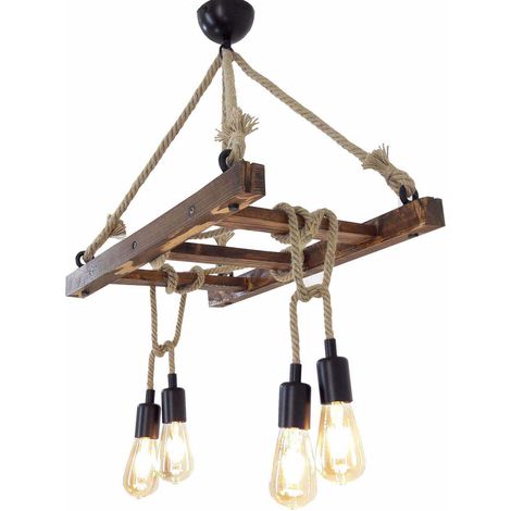 Cotecosy – Lustre en pin massif fait main – 4 douilles E27 – Dimensions 80x34x60 cm – Éclairage doux et ambiant – Charme rustique moderne (1/6)