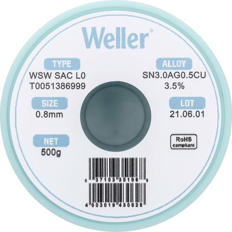 Étain à souder sans plomb Sn3,0Ag0,5Cu 0.8 mm Weller WSW SAC L0 bobine 500 g W38196 (1/5)