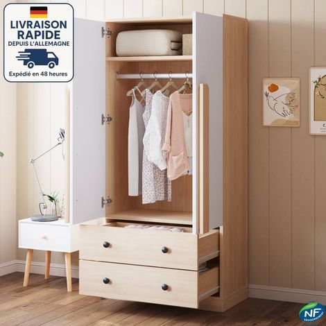 MODFU - Armoire 2 portes 2 tiroirs, 1 tringle à vêtements, meuble haut de rangement - séjour et chambre, 70×40×170 cm, MDF, blanc+naturel (1/5)