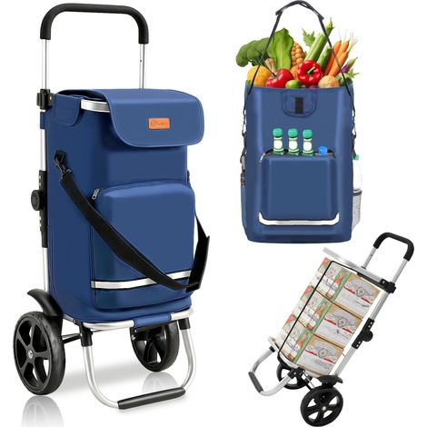 Chariot de Courses Pliable 3 en 1, Caddie Isotherme avec Sangle de Fixation, Sac Bandoulière et Porte-Bouteille, Trolley/Diable Pliable pour Courses, Camping – Bleu (1/5)