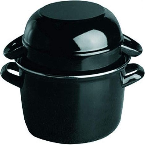 Pentola per cozze APS, pentola per servire cozze da 1,5 kg, pentola per frutti di mare, pentola per servire cozze, pentola per cozze in acciaio smaltato nero, capacità: 3,3 litri, coperchio: 1,6 litri