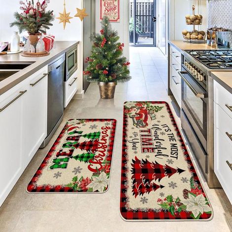 Tapis De Sol - Tapis De Porte Et De Cuisine En Polyester - Imprimé De Noël - 40 X 60 Cm Et 40 X 120 Cm - 2 Pièces (1/4)