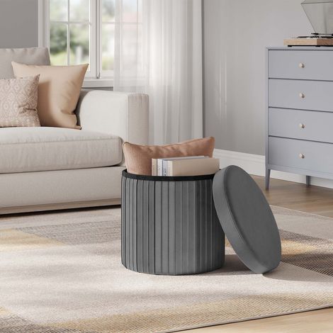 WOLTU Sitzhocker, Sitzbox mit Stauraum und Deckel, Rund Sitztruhe, faltbar Polsterhocker, Fußhocker Aufbewahrungsbox, aus Velvet MDF, φ38xH36 cm, Dunkelgrau