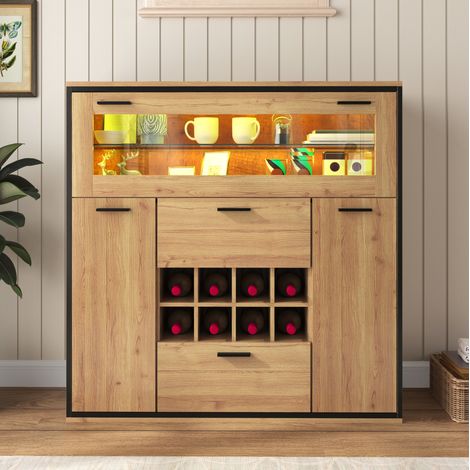 Buffet avec range-bouteilles 110 x 38 x 111 cm, LED 16 couleurs, naturel et noir DESVIAE (1/5)