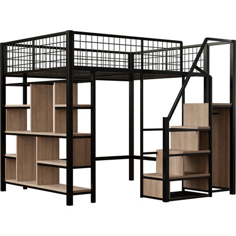 Cama alta multifuncional 140 x 200 cm de metal negro con escalera y almacenaje HOMVRA (1/5)