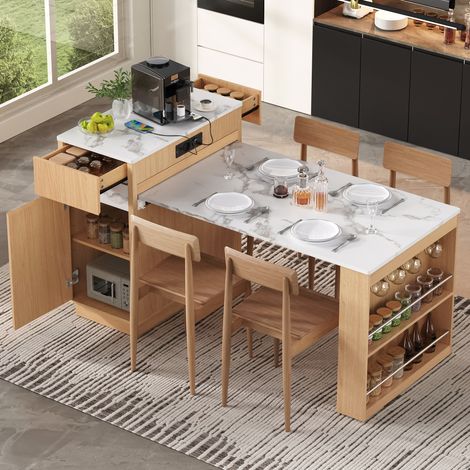 Isola cucina allungabile 58-154x80,5x94 cm con LED, prese USB/Type-C, contenitore e ruote, MDF naturale (1/5)