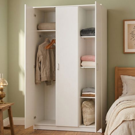 Kleiderschrank Licodia, Schlafzimmer Schrank, 3 Türen, Kleiderstange, 4 Regalböden, 120x52 cm Weiß (1/5)
