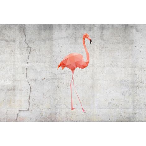 Papier peint panoramique béton avec flamant rose | Tapisserie panoramique animaux gris & rose | Papier peint panoramique oiseaux moderne pour salon - 267 x 400 cm (4 pièces) (1/2)