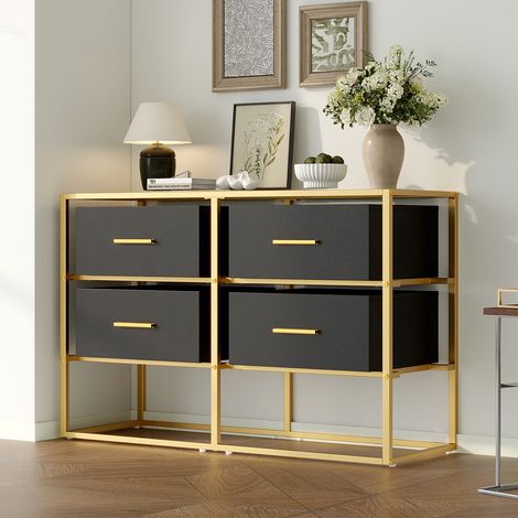 Kommode Glas-Sideboard, Kommode, Schwarz-Gold, MDF & Glas, 100x35x65 cm