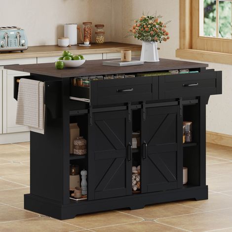Îlot de cuisine pliant 120 cm sur roulettes noir OKMYHOME (1/5)