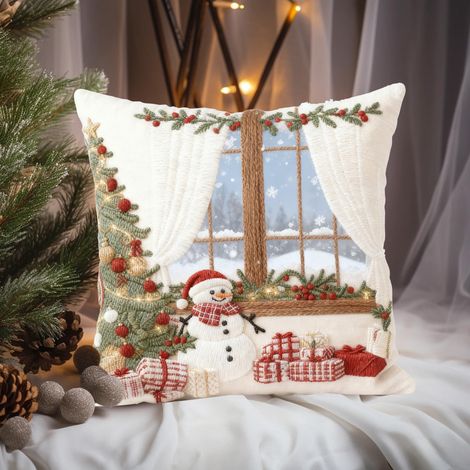 Housse De Coussin De Noël - 45 X 45 Cm - Tissu Polyester Multicolore - Pour Canapé Lit Décoration Intérieure Fêtes Hiver - 1 Pièce (1/5)