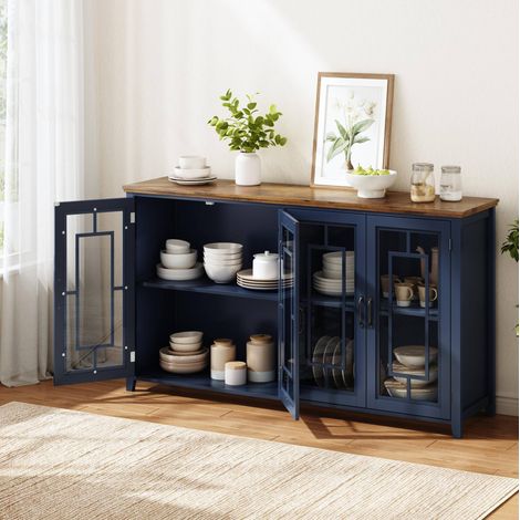 Credenza da cucina 160 cm con ante in vetro, ripiano effetto legno, anti-ribaltamento HAVRYA (1/5)
