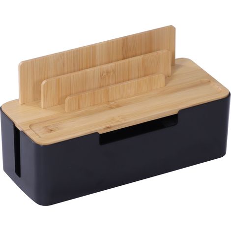 Relaxdays Kabelbox, für 2 Steckdosenleisten, Kunststoff, Bambus, HBT: 16x30x13 cm, Tablet- & Handyhalter, natur/schwarz