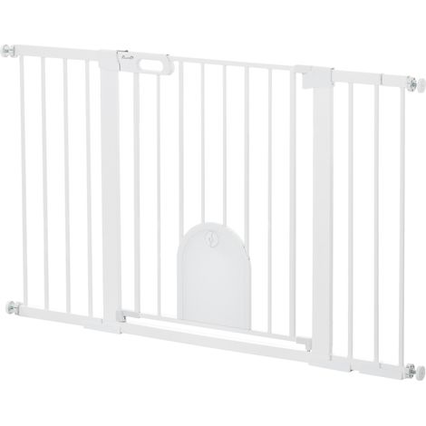 Ausziehbares Hundegitter mit selbstschließender Tür, Metall und ABS, 75–131 x 76 cm, weiß