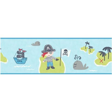 Pirates Wallpaper Border Blue Green Boats Trees Skulls Fine Decor Carousel (1/3)
