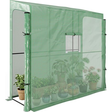 Serre de jardin adossée murale à tomates, 2 portes zippées enroulables et 1 fenêtre, 200 x 80 x 200/180 cm