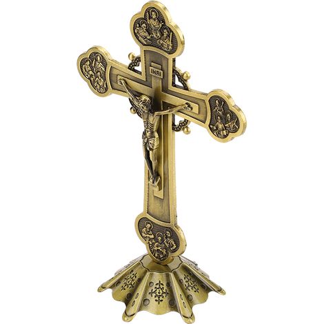 Crucifix décoratif en métal style vintage, ornement crucifix avec socle, cadeau catholique, bronze, pour décoration de table ou d'étagère.