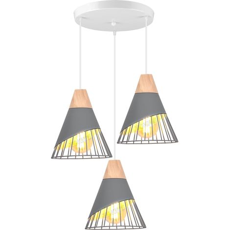 Suspension Luminaire Moderne Industrielle Bois Lustre Abat-jour Métal Vintage forme Cage Ø25cm Plafonnier E27 Design pour Cuisine Chambre Salon (3 lampes - Gris- base) [Classe énergétique A]