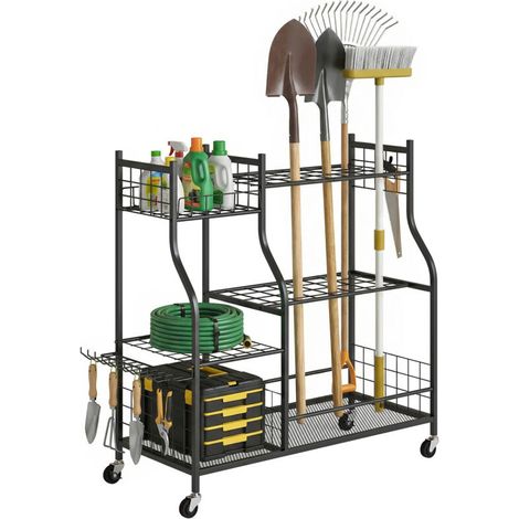 Range-outils jardin acier 3 niveaux, 32 emplacements, 4 roues pivotantes, 11 crochets, établi mobile 104x40x95cm noir (1/5)