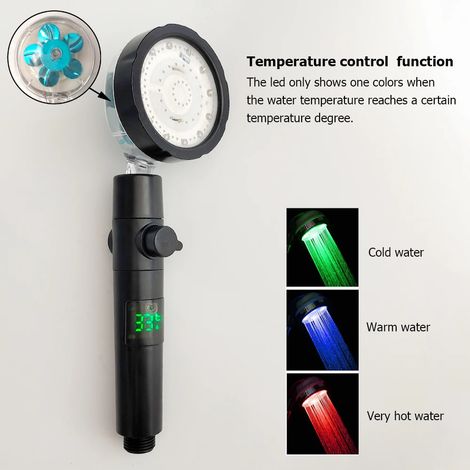 Pommeau de douche LED à 3/7 couleurs changeantes (noir) avec bouton d'arrêt d'hélice, haute pression et affichage de la température. (1/5)