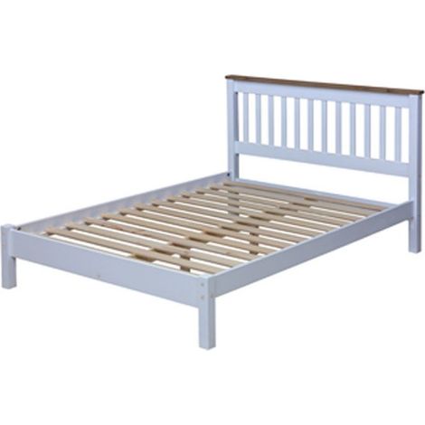 4'6" Slatted Lowend Bedstead - MDF/Pine - 147.6 x 201.5 x 100 cm - White/Antique Waxed Pine